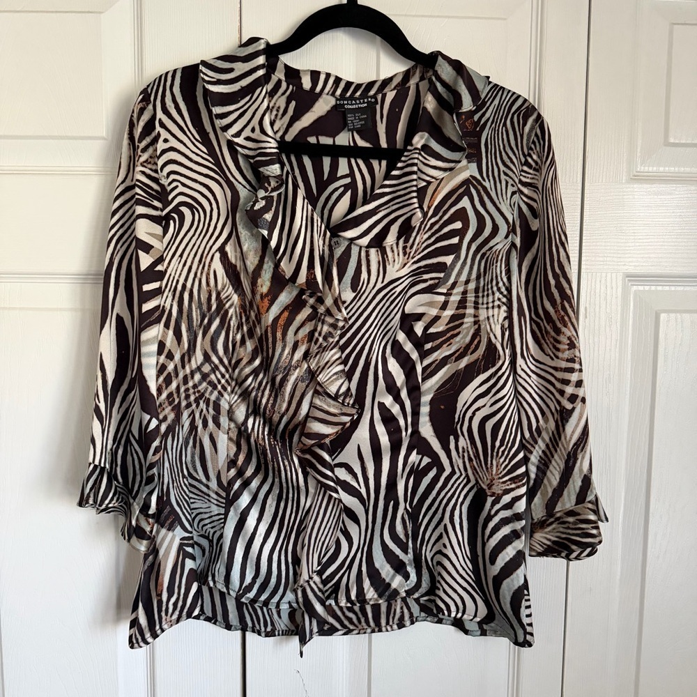 Doncaster Blouse Womens M Zebra Silk Ruffle V Neck Long Animal Print  Safari